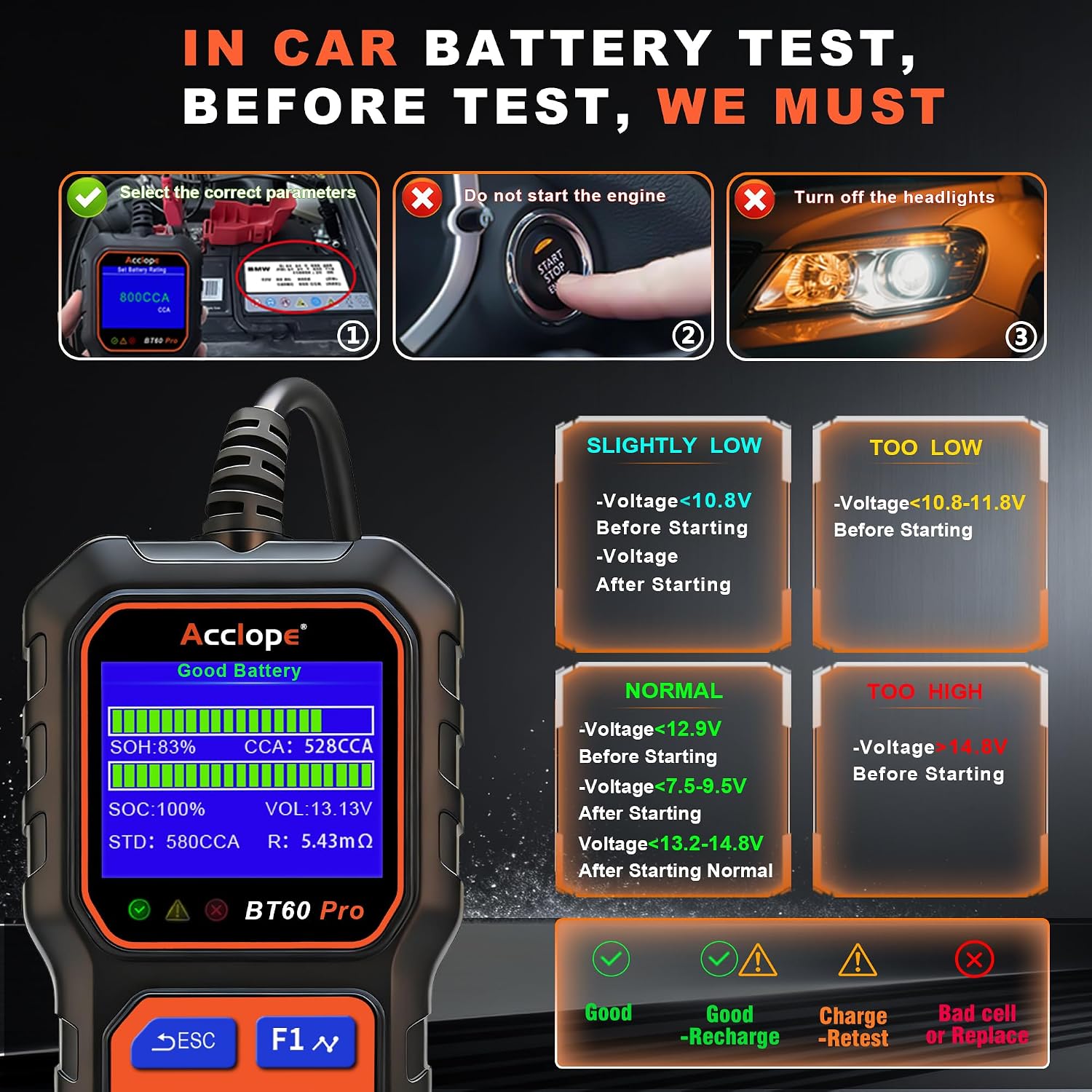 Acclope BT60 PRO - Probador de batería de coche 6V\/12V\/24V, 2-120...