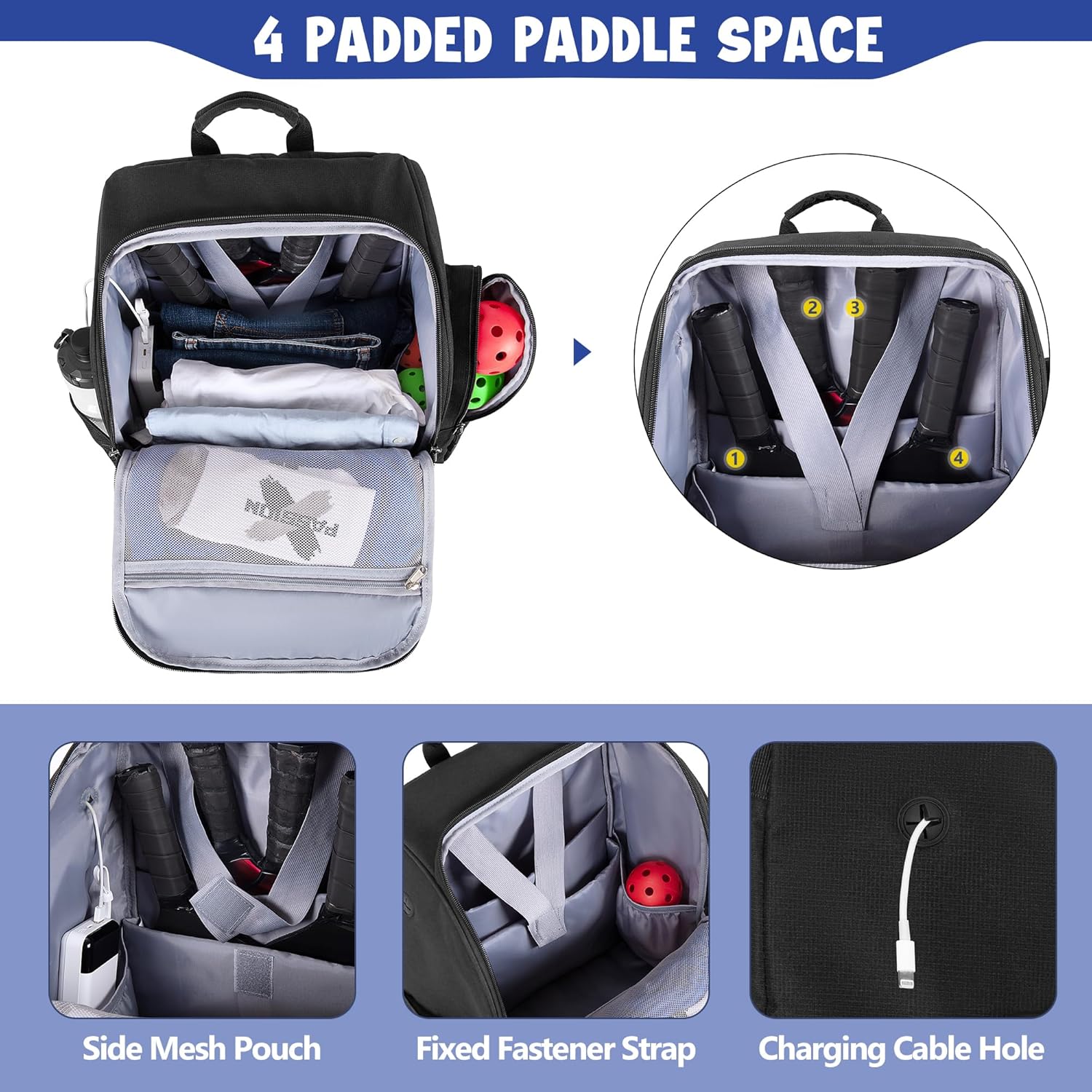 GOBUROS Bolsa de Pickleball para 4 Palas con Compartimento para Zap...