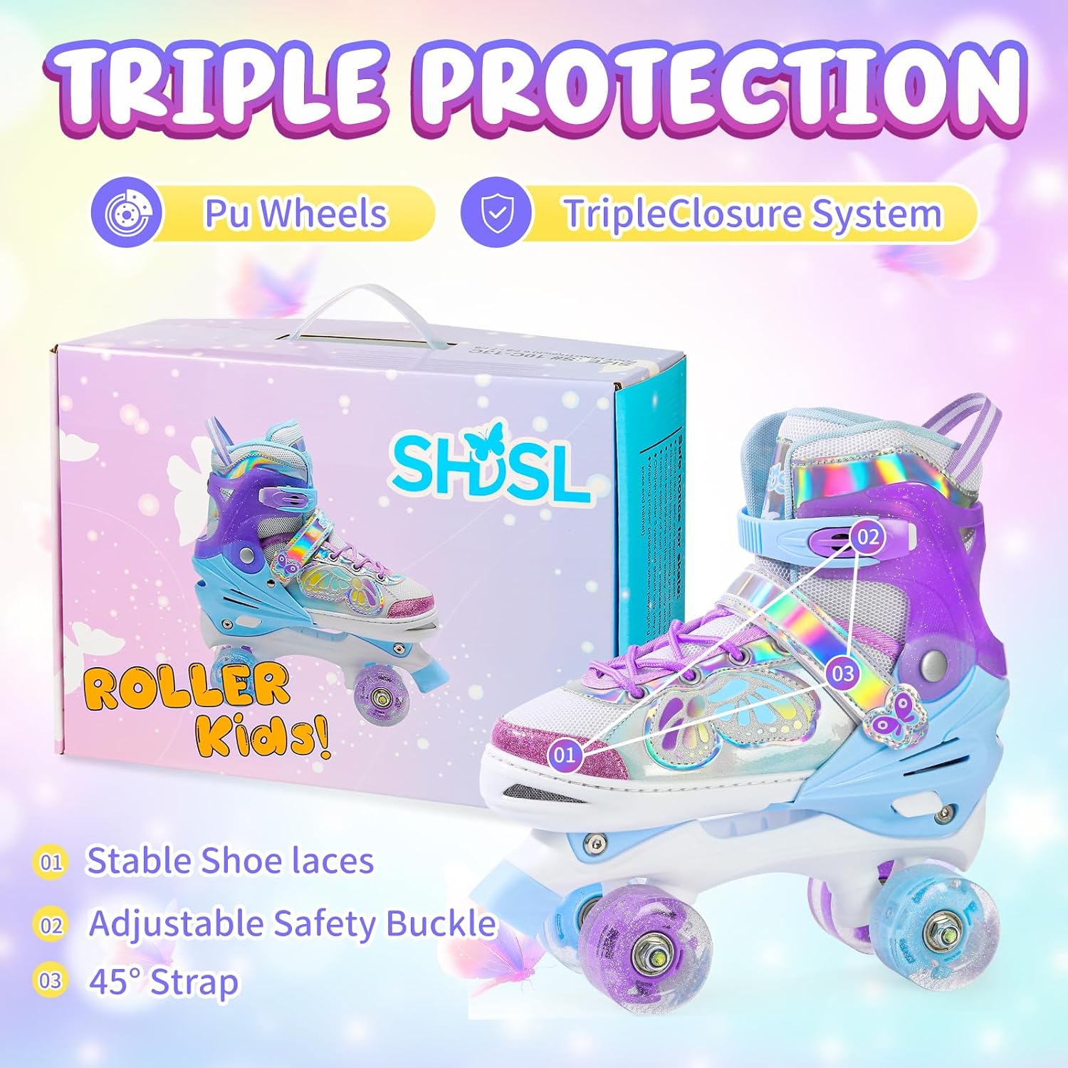 SHDSL Kids Roller Skates for Girls Boys, 4 Sizes Adjustable Butterf...