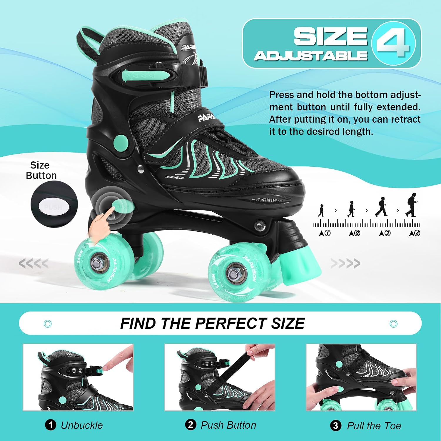 PAPAISON Patines de ruedas para niñas de 8 a 12 años, talla ajustab...