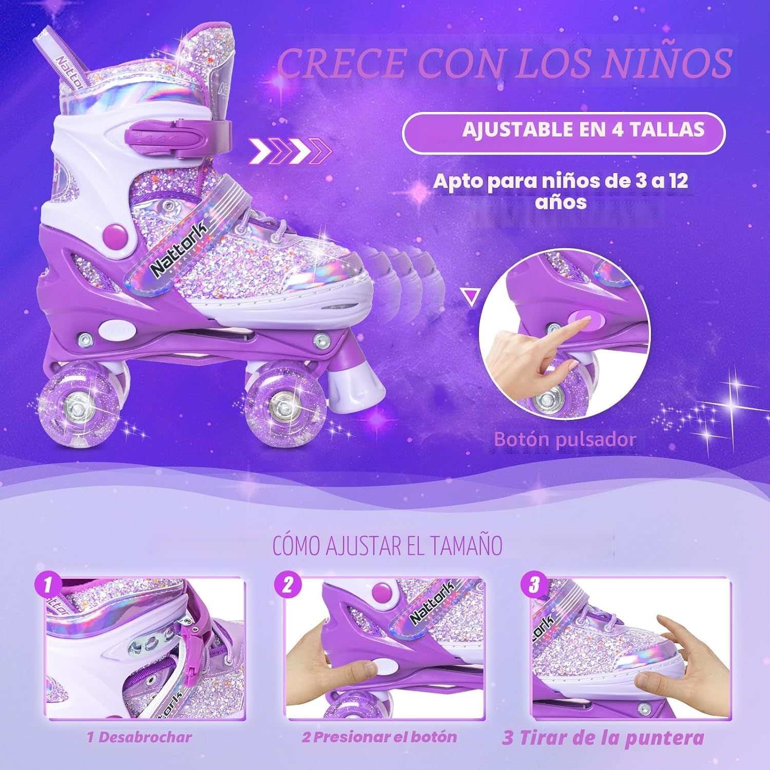Nattork Patines de ruedas para niñas y niños, 4 tamaños ajustables...
