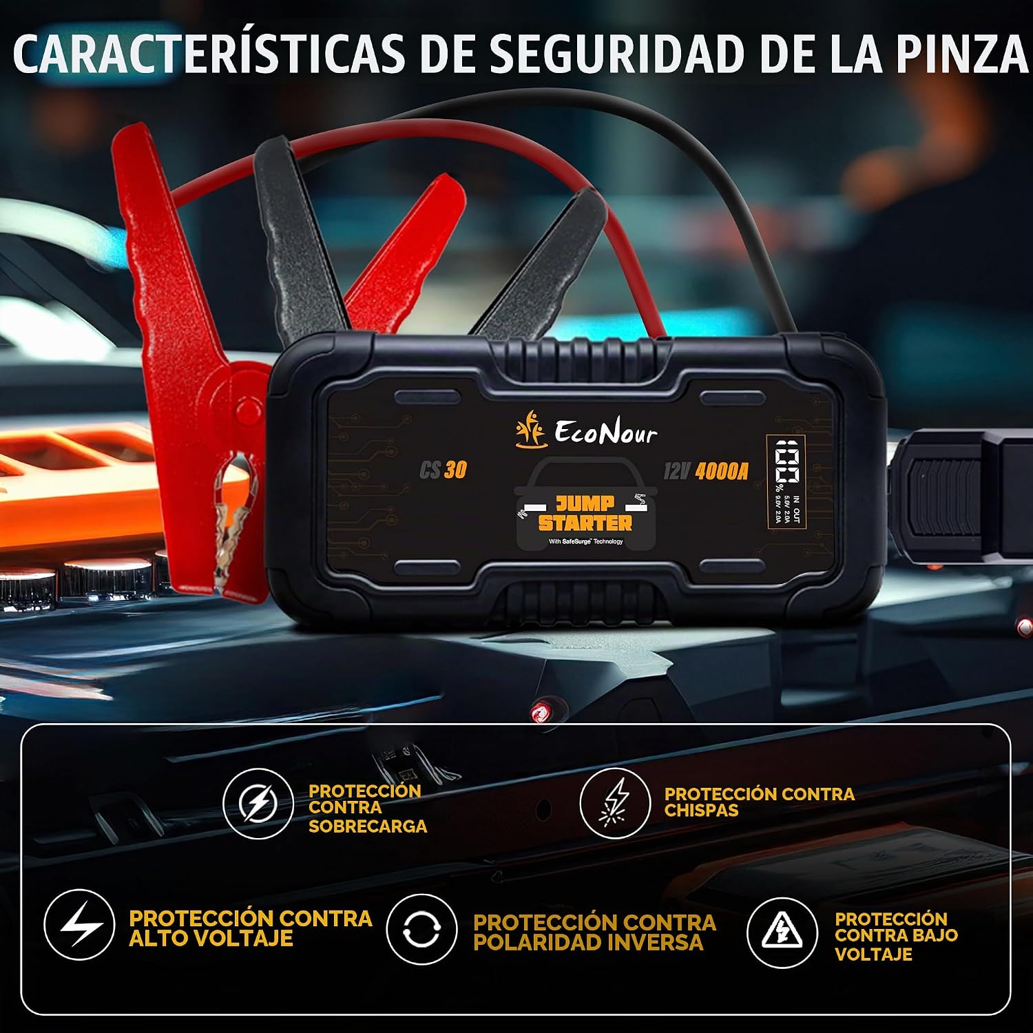 EcoNour - Arrancador de batería de automóvil de 4000 A, pico de has...