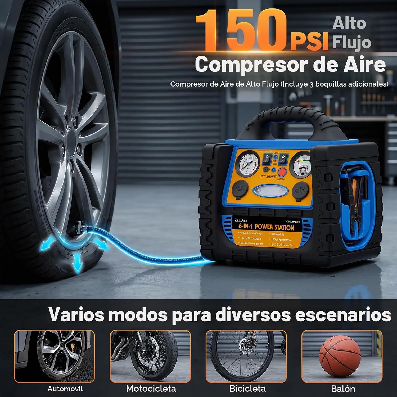 ZunDian Arrancador de Batería 6 en 1 de 1800 Amperios con Compresor...