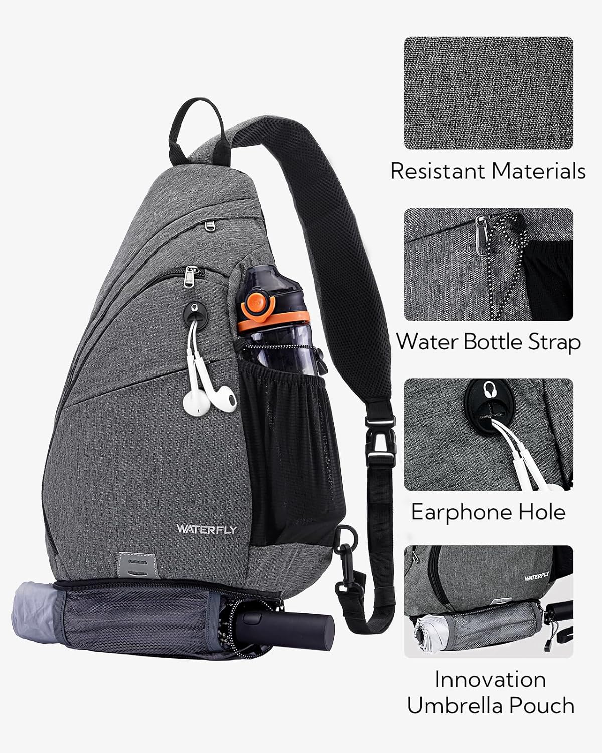 WATERFLY - Mochila de bandolera pequeña tipo eslinga, mochila al ho...