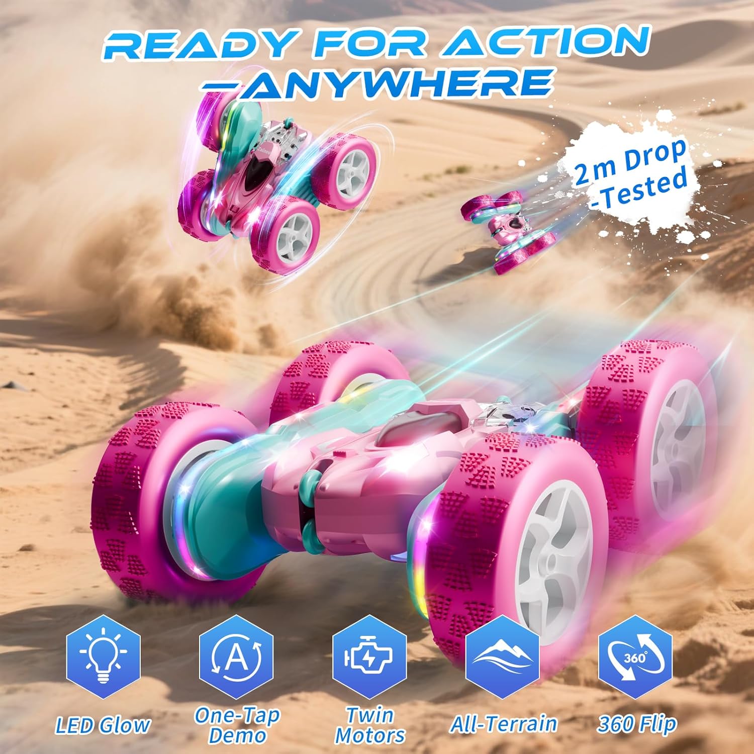 Zalneo Coche RC color rosa 4WD, control remoto, barra de luz LED de...