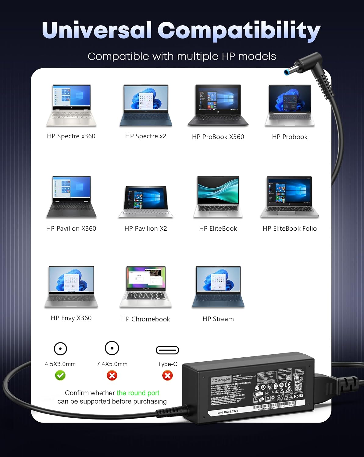 Repuesto para cargador HP portátil de 65 W 45 W, adaptador de CA de...
