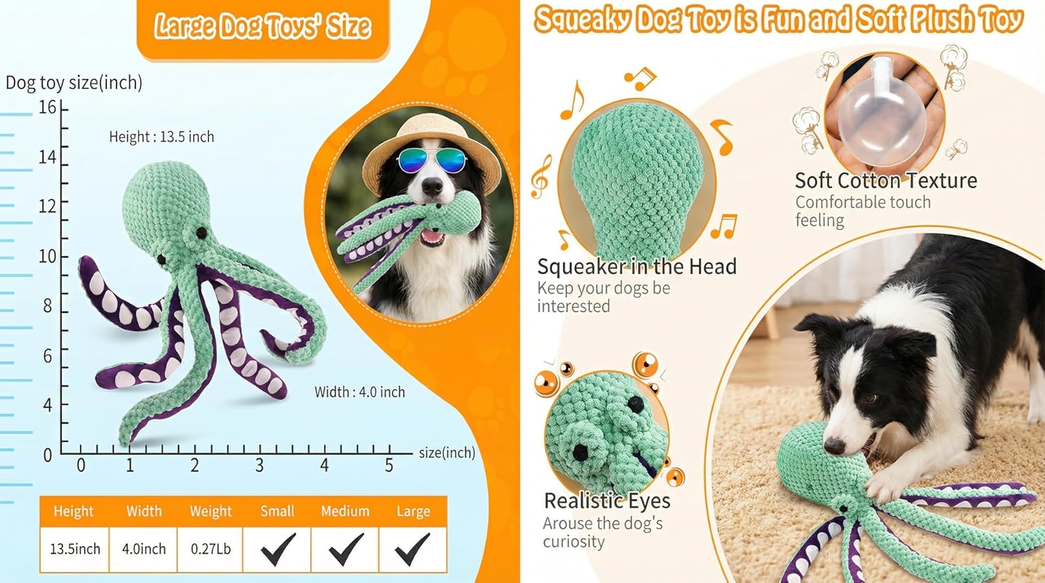 Pieza Paw-FECT - Juguetes grandes y duraderos chirriantes de pulpo...