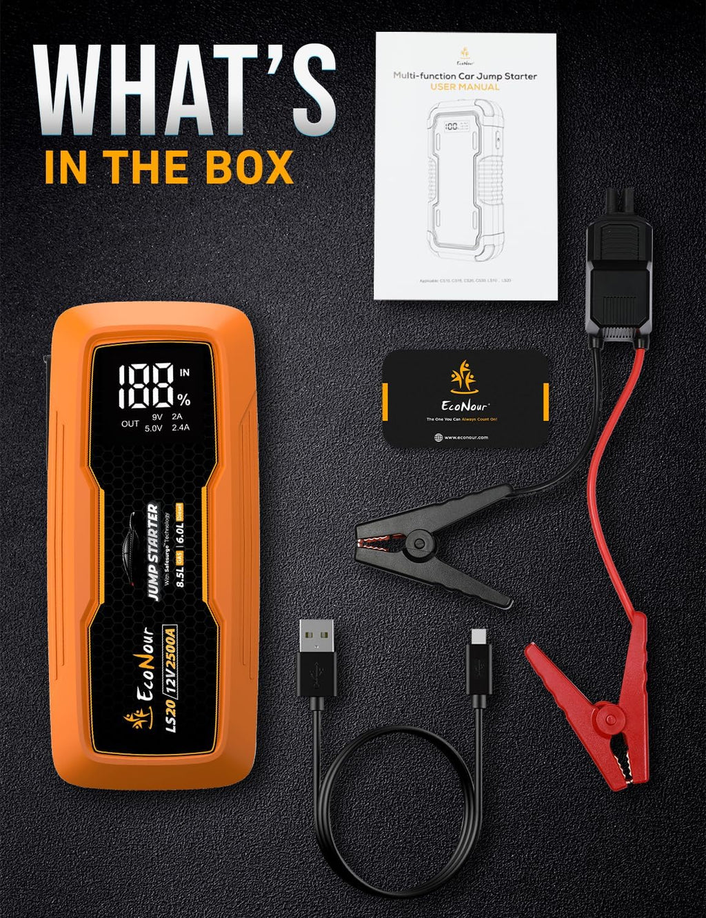 EcoNour 2500A - Arrancador portátil de batería de 12 V con motores...