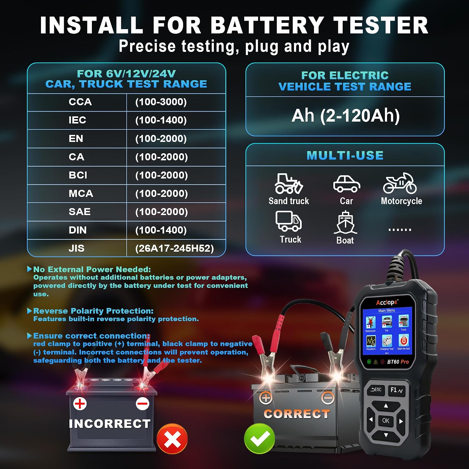 Acclope BT60 Pro Probador de Batería de Coche, Analizador Digital c...