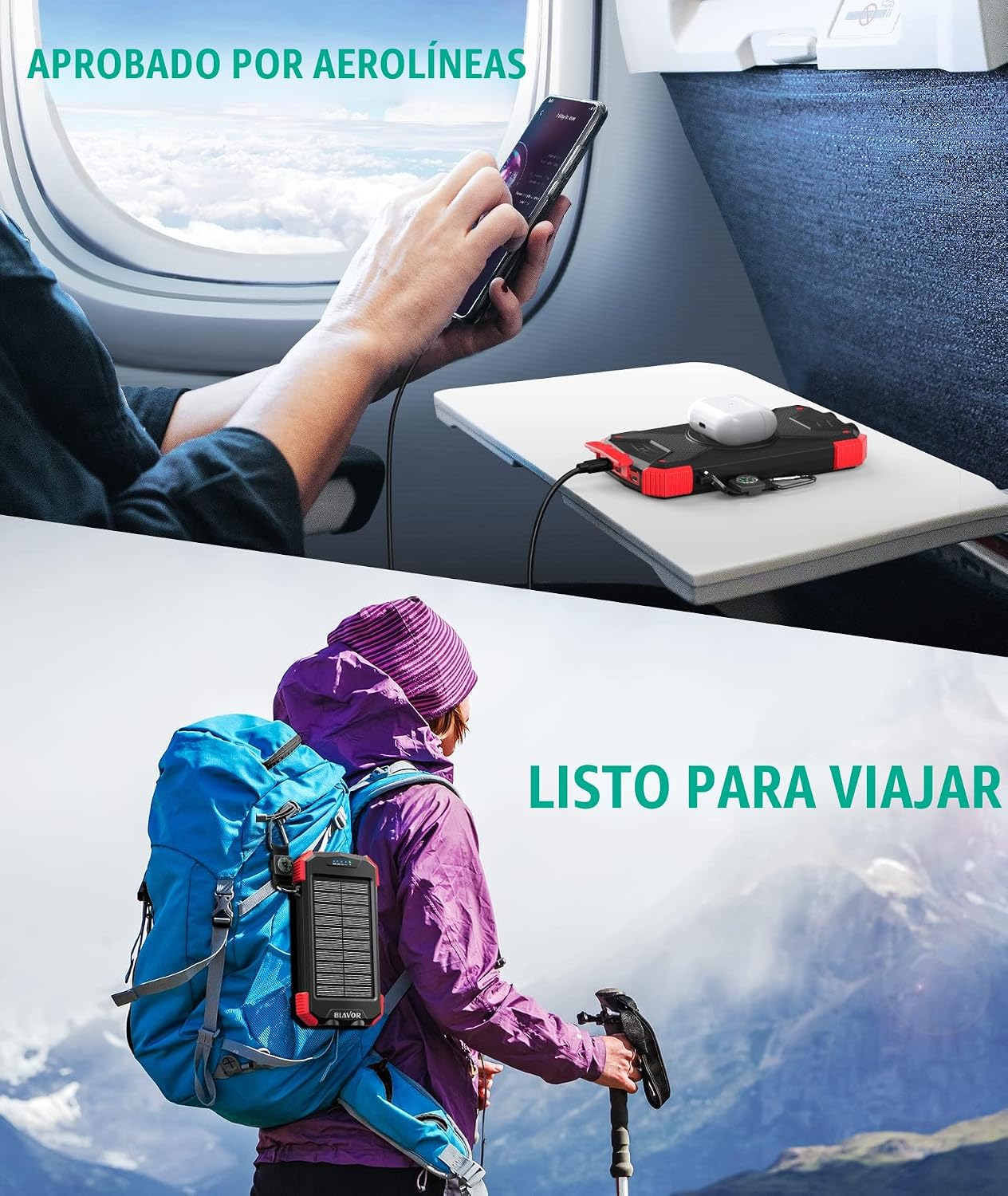 Blavor - Paquete de batería externa solar, cargador inalámbrico Qi...