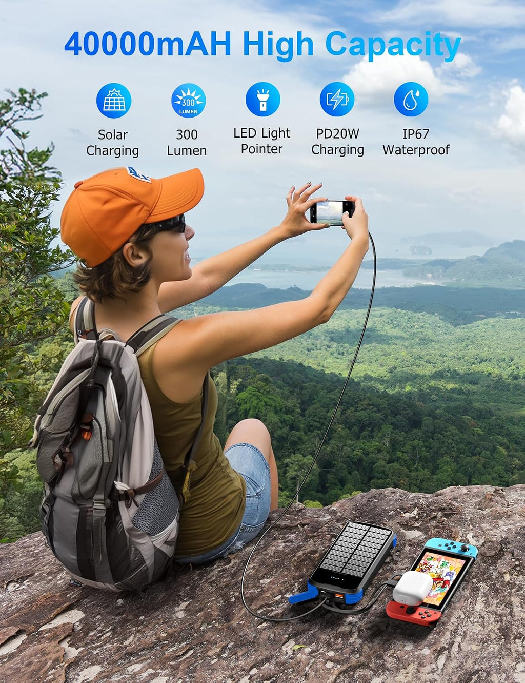 MINRISE Cargador solar, cargador portátil de 40000 mAh, PD de 20 W,...