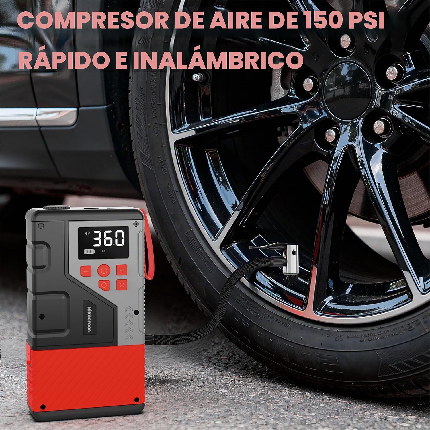 Arrancador portátil de coche con compresor de aire para emergencias...