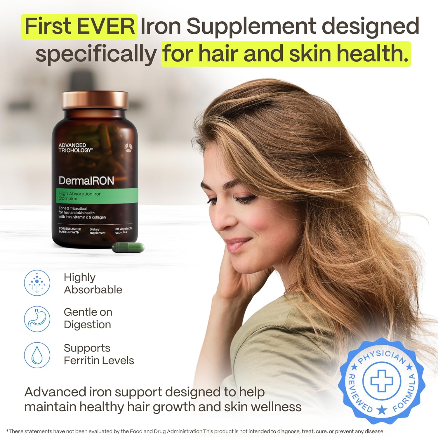 DermaIRON Suplemento de hierro para mujeres y hombres, plancha suav...