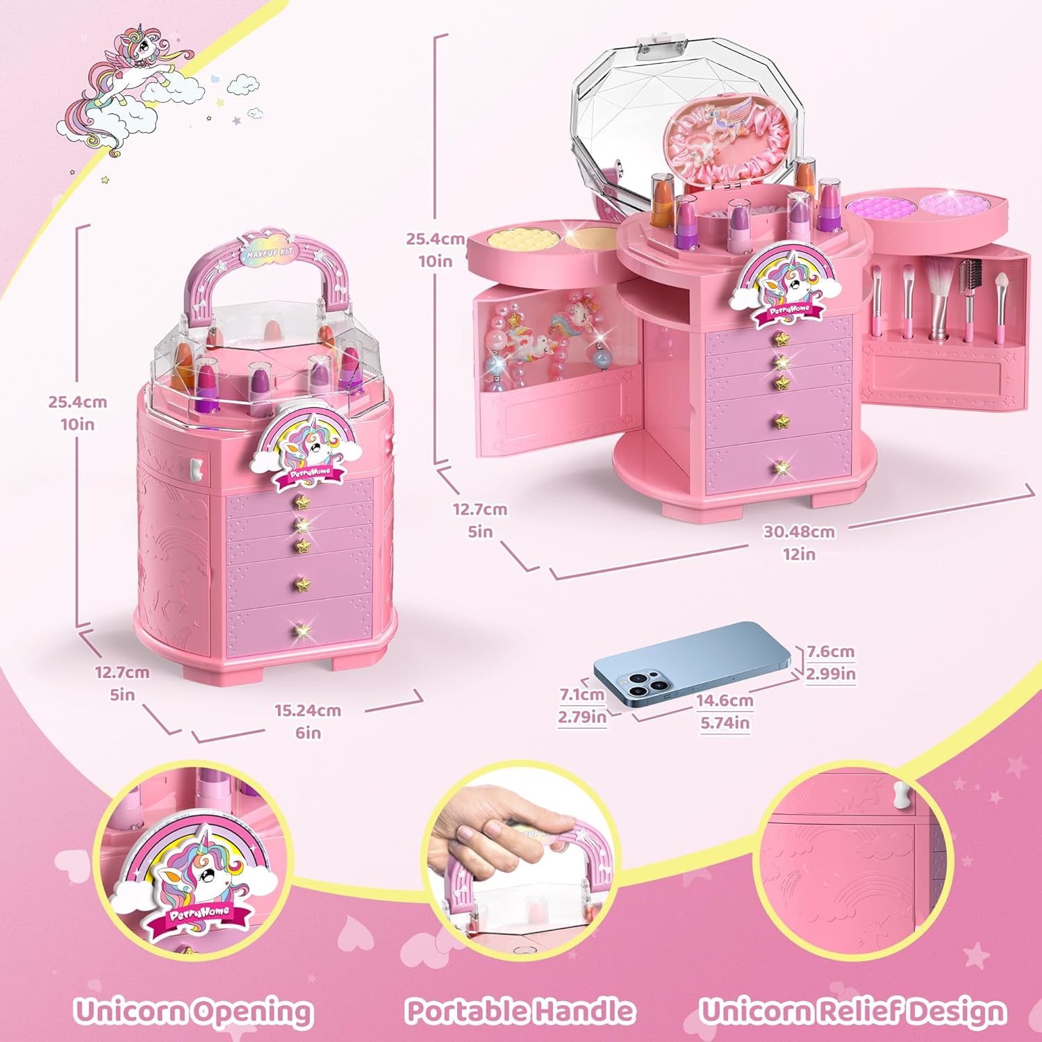 PERRYHOME Juego de maquillaje para niñas de 63 piezas, lavable, no...