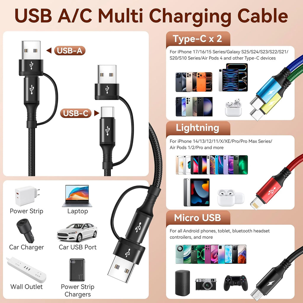 MINLU Cable de carga múltiple dual USB-C 4 en 2 para todos los disp...