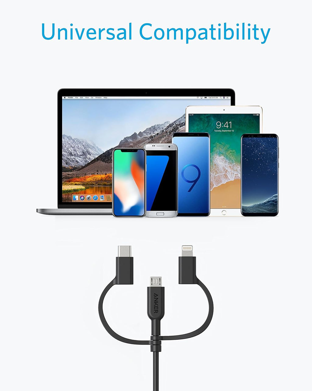 Cable Anker Powerline II 3 en 1, cable Lightning\/Type C\/Micro USB...