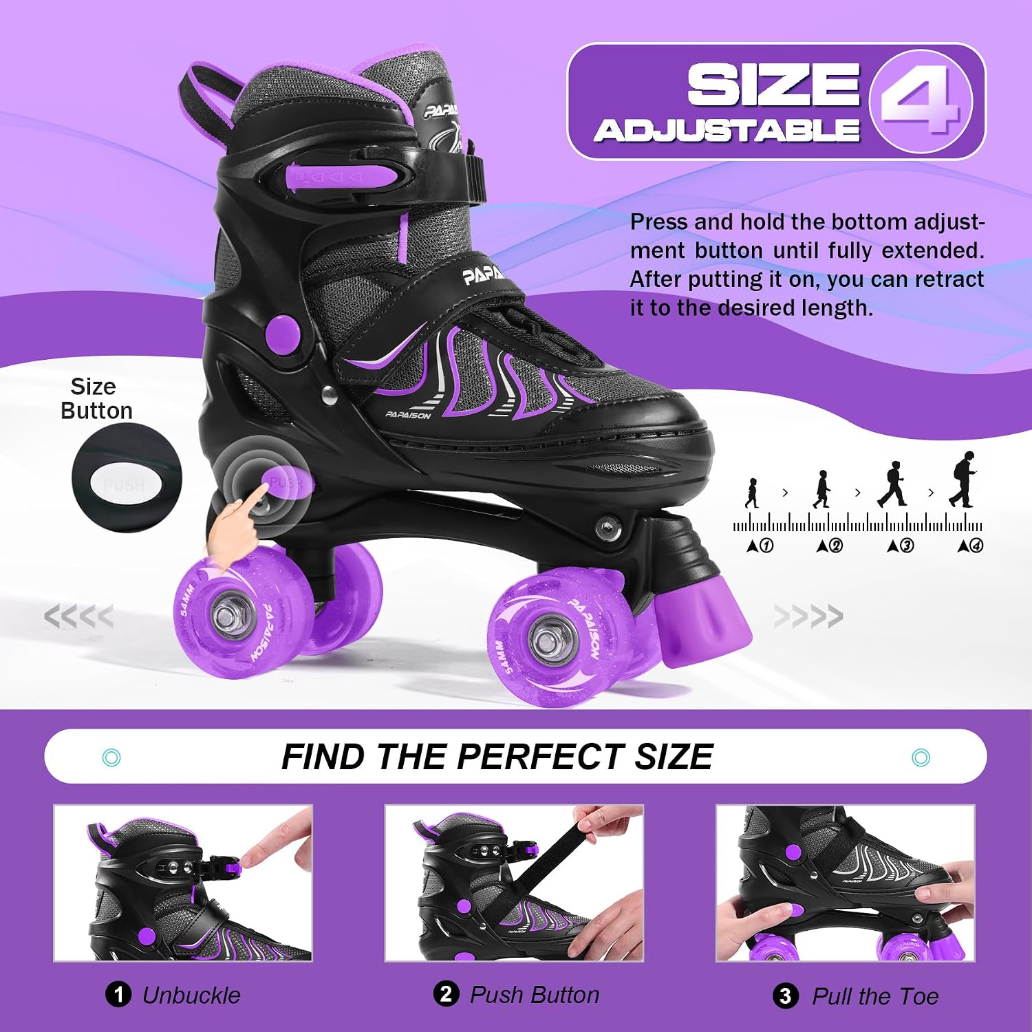 PAPAISON Patines de ruedas para niñas de 8 a 12 años, talla ajustab...