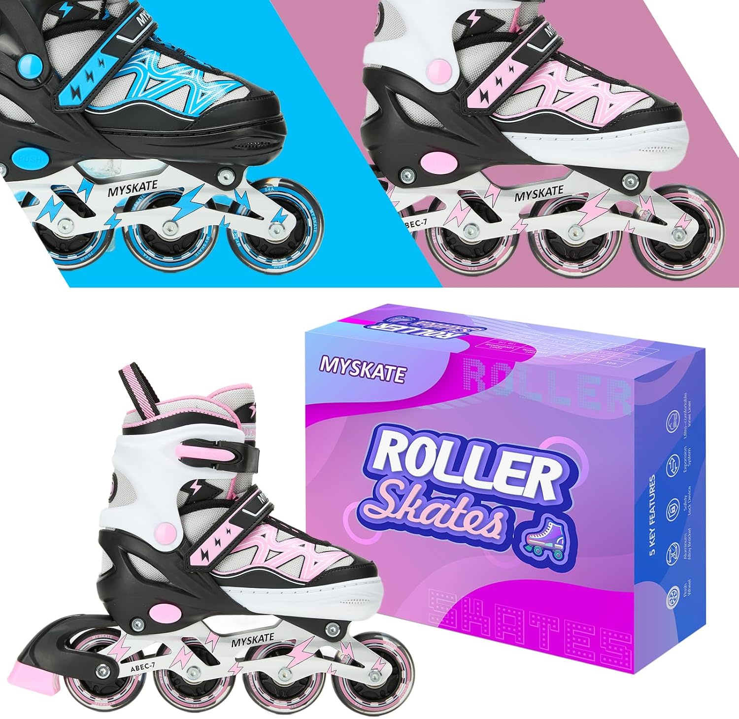 Lightning Adjustable 4 Sizes Inline Skates with Full Light up Wheel...