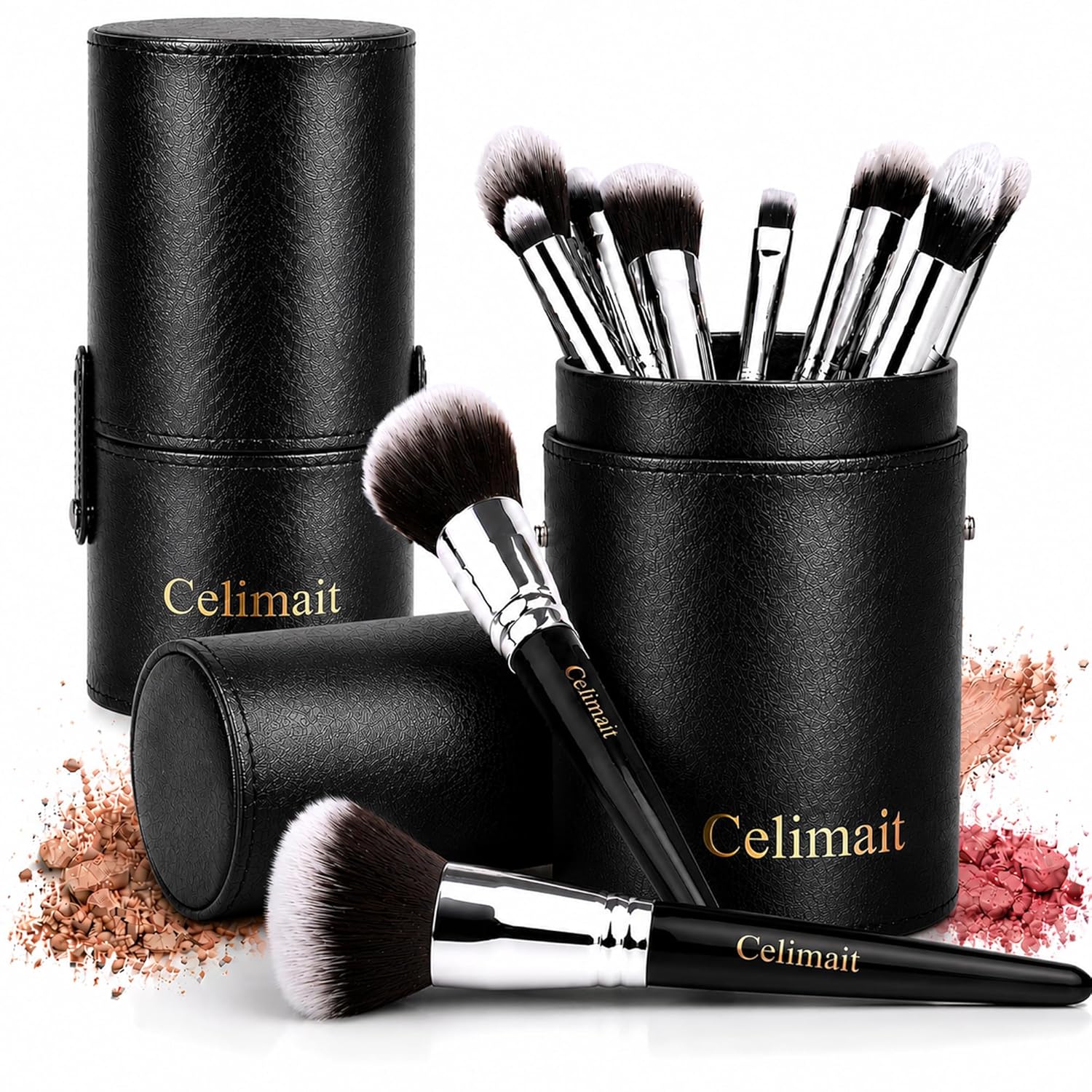 CELIMAIT Juego de brochas de maquillaje con estuche de viaje, cerda...
