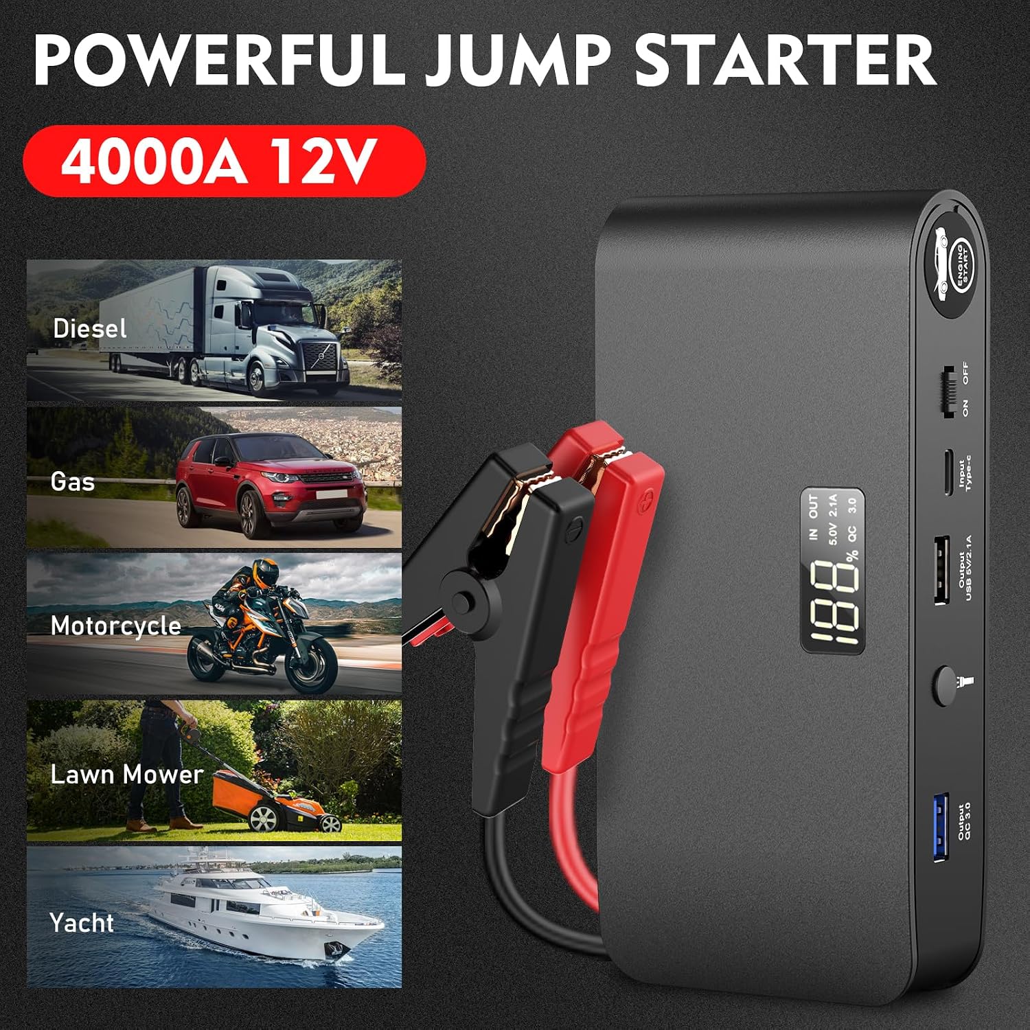 BooKoo Arrancador de Batería de Coche 4000A, Cables de Puente de Ba...