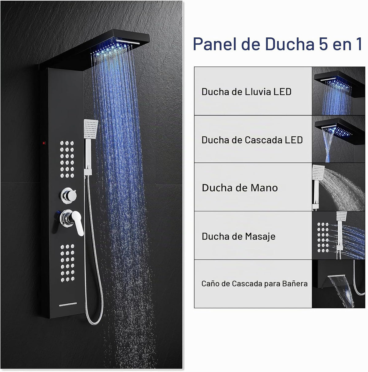 ROVATE 5 en 1 LED Rainfall - Panel de ducha con sistema de torre de...