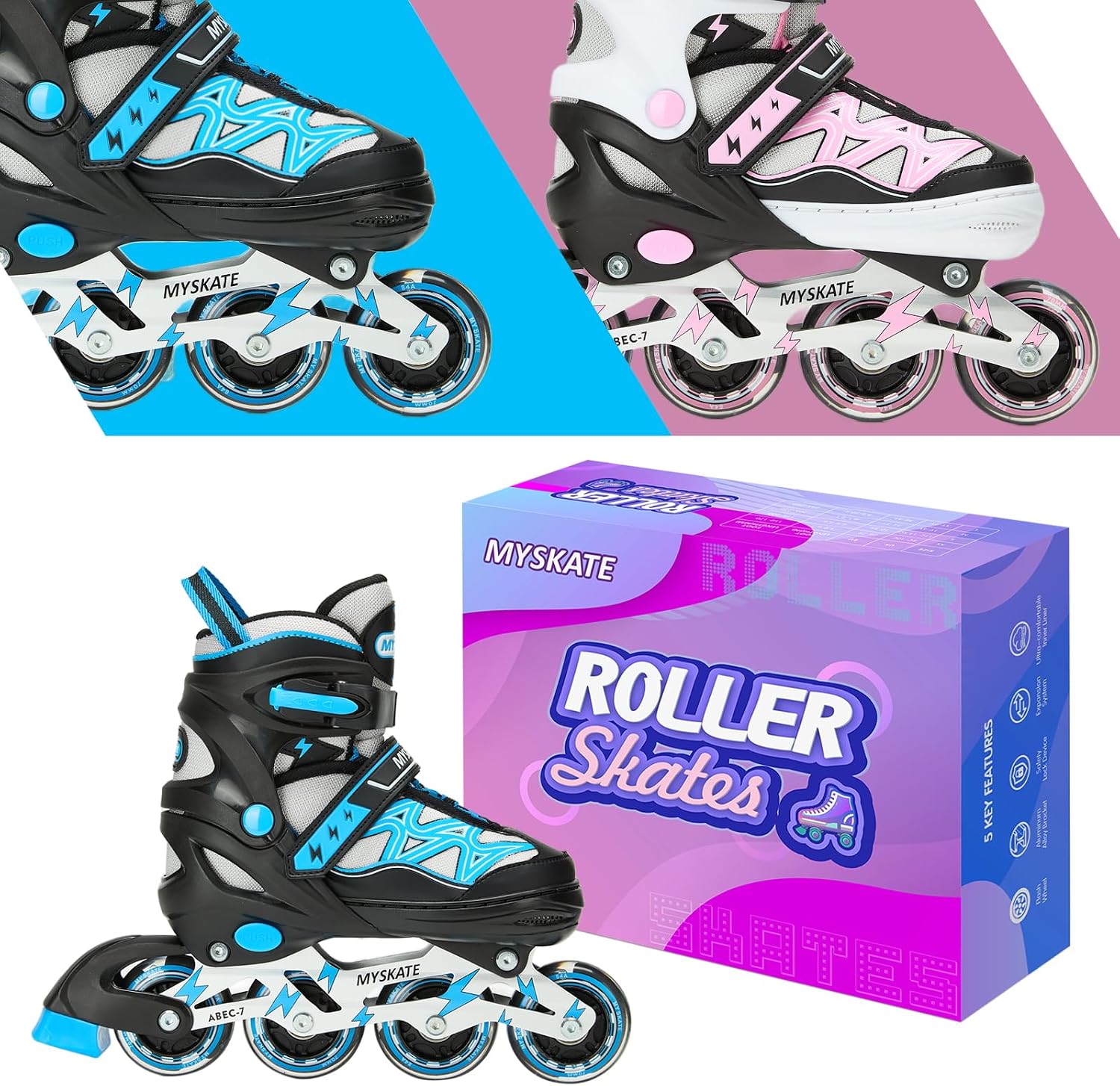 Lightning Adjustable 4 Sizes Inline Skates with Full Light up Wheel...