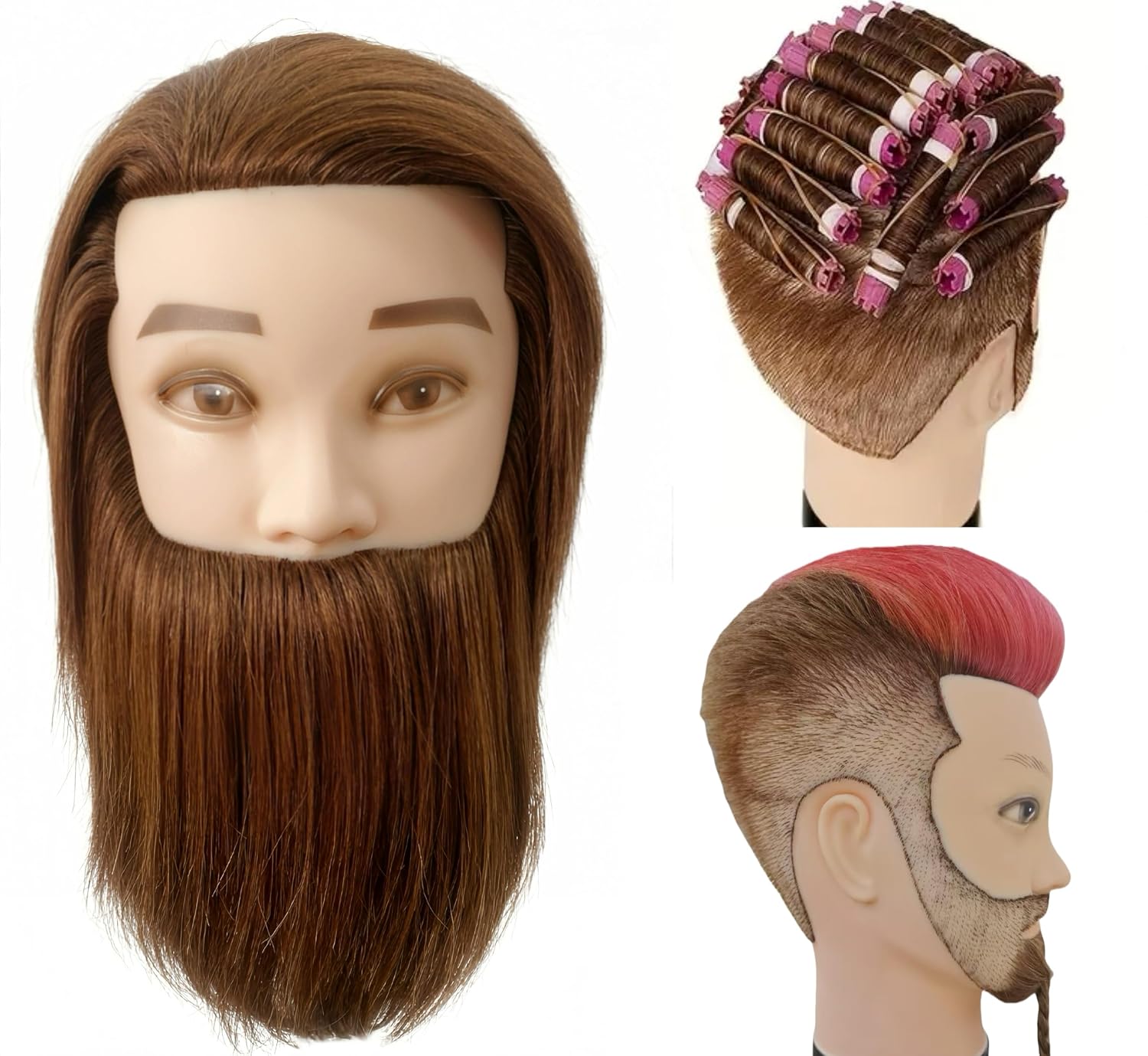 Yiifiulyn Cabeza de maniquí de cabello humano con barba, kit de prá...