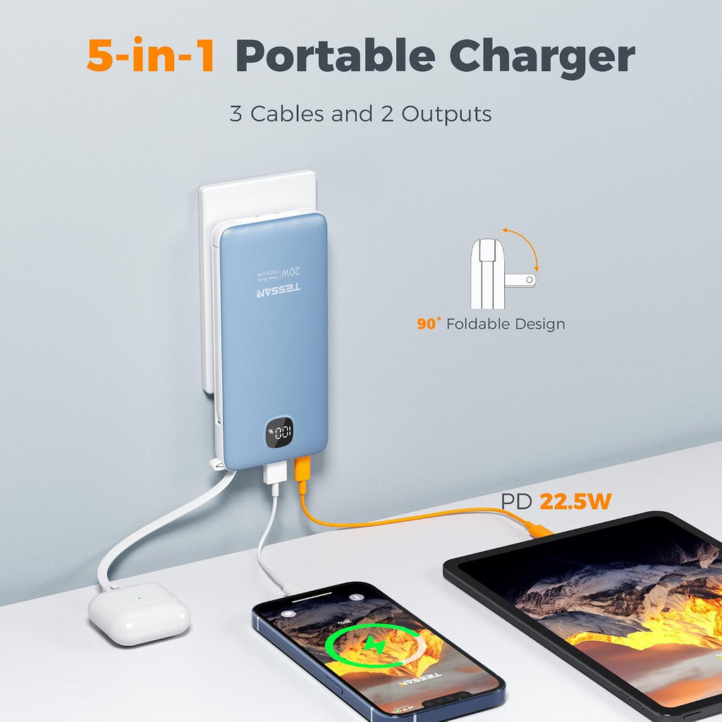TESSAN Cargador portátil con cables integrados, cargador de batería...