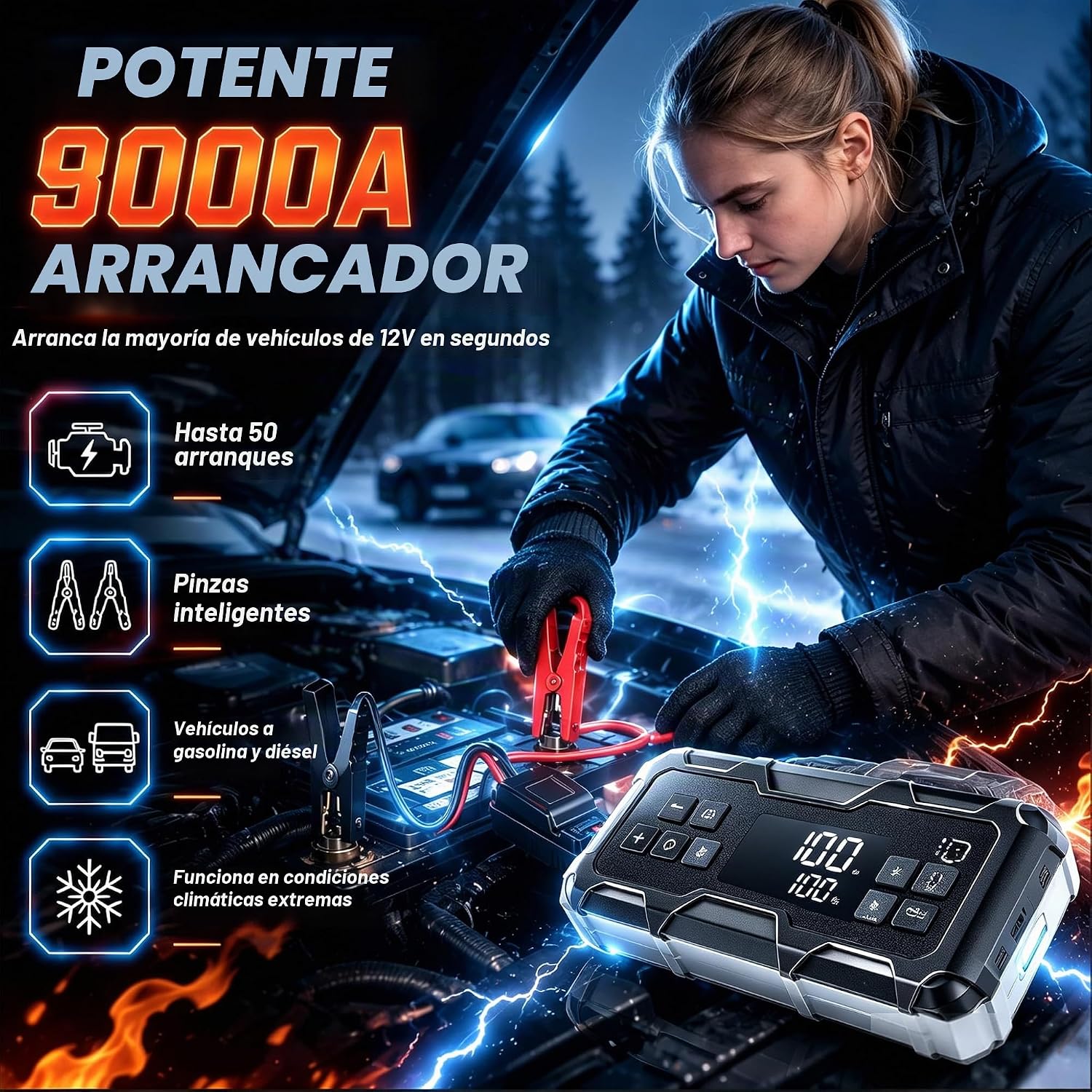 German-Tech - Arrancador de 9000 A con compresor de aire, inflador...