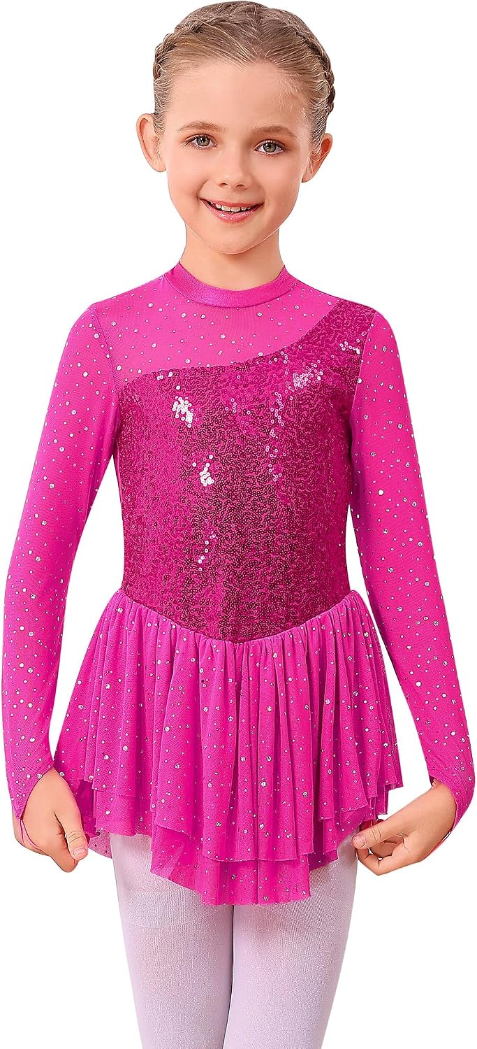 ODASDO Vestido de Patinaje Artístico para Niñas, Malla de Manga Lar...