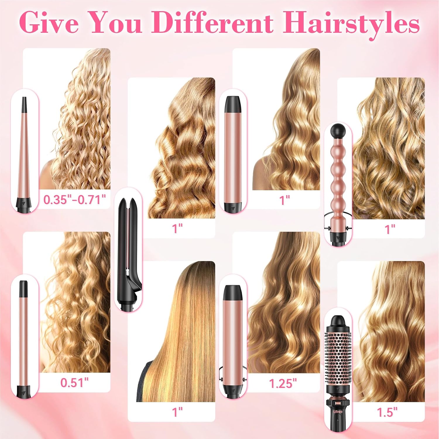 Set Ufree 7 en 1, rizador de pelo con barriles cerámicos intercambi...