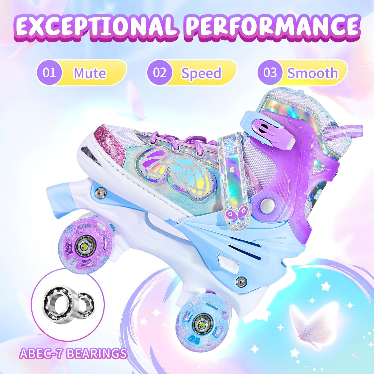 SHDSL Kids Roller Skates for Girls Boys, 4 Sizes Adjustable Butterf...