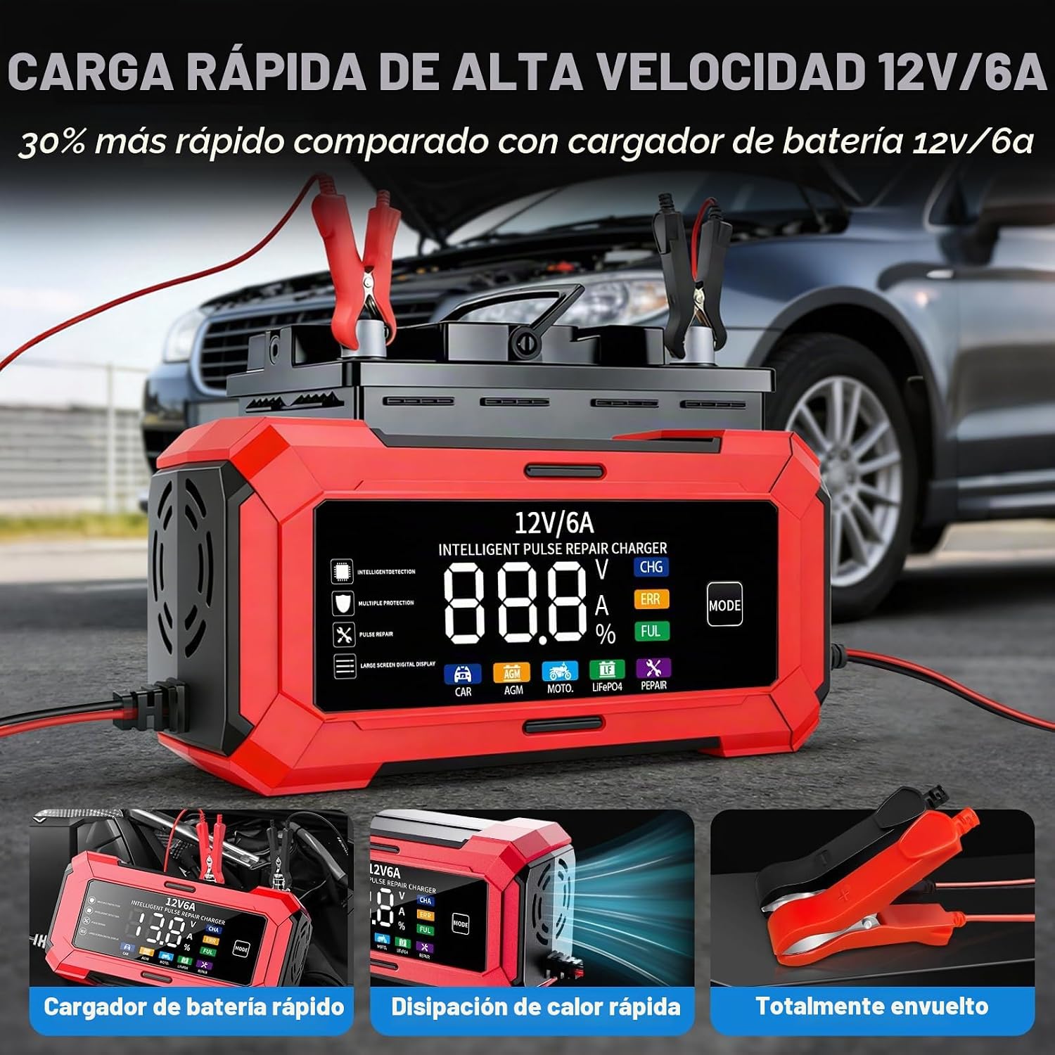 Cargador de batería inteligente de coche de 12 V con pantalla LCD,...