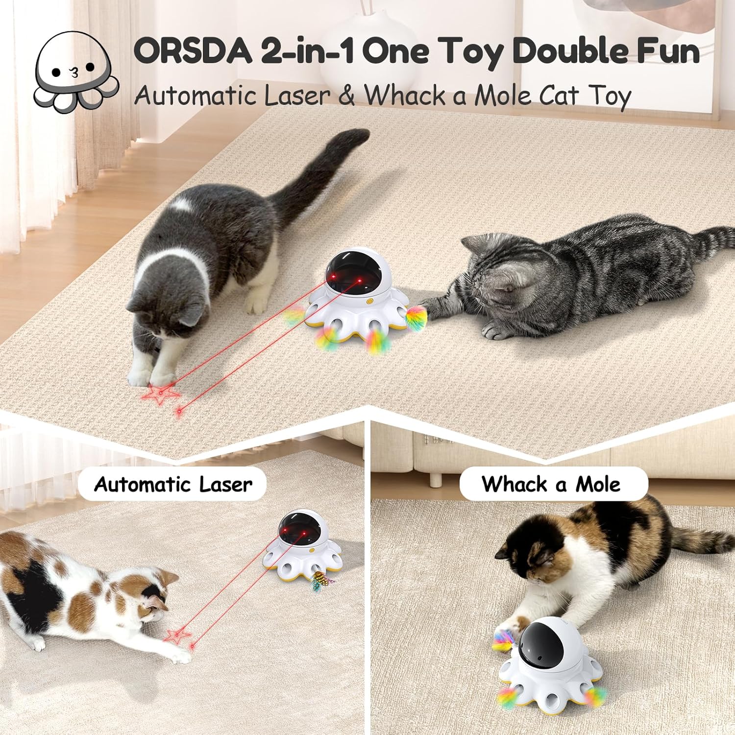 ORSDA Juguete Láser para Gatos, 2 en 1 Interactivo Automático Activ...