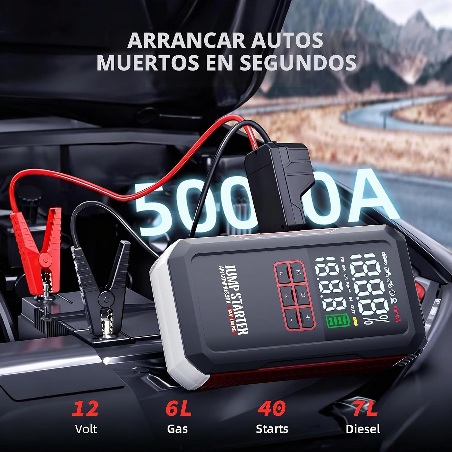 Arrancador de batería de coche de 5000 A con compresor de aire de 1...