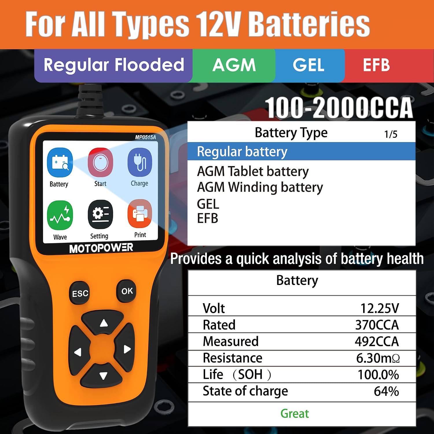 MOTOPOWER MP0515A 12V Probador de batería de coche Automotriz 100-2...