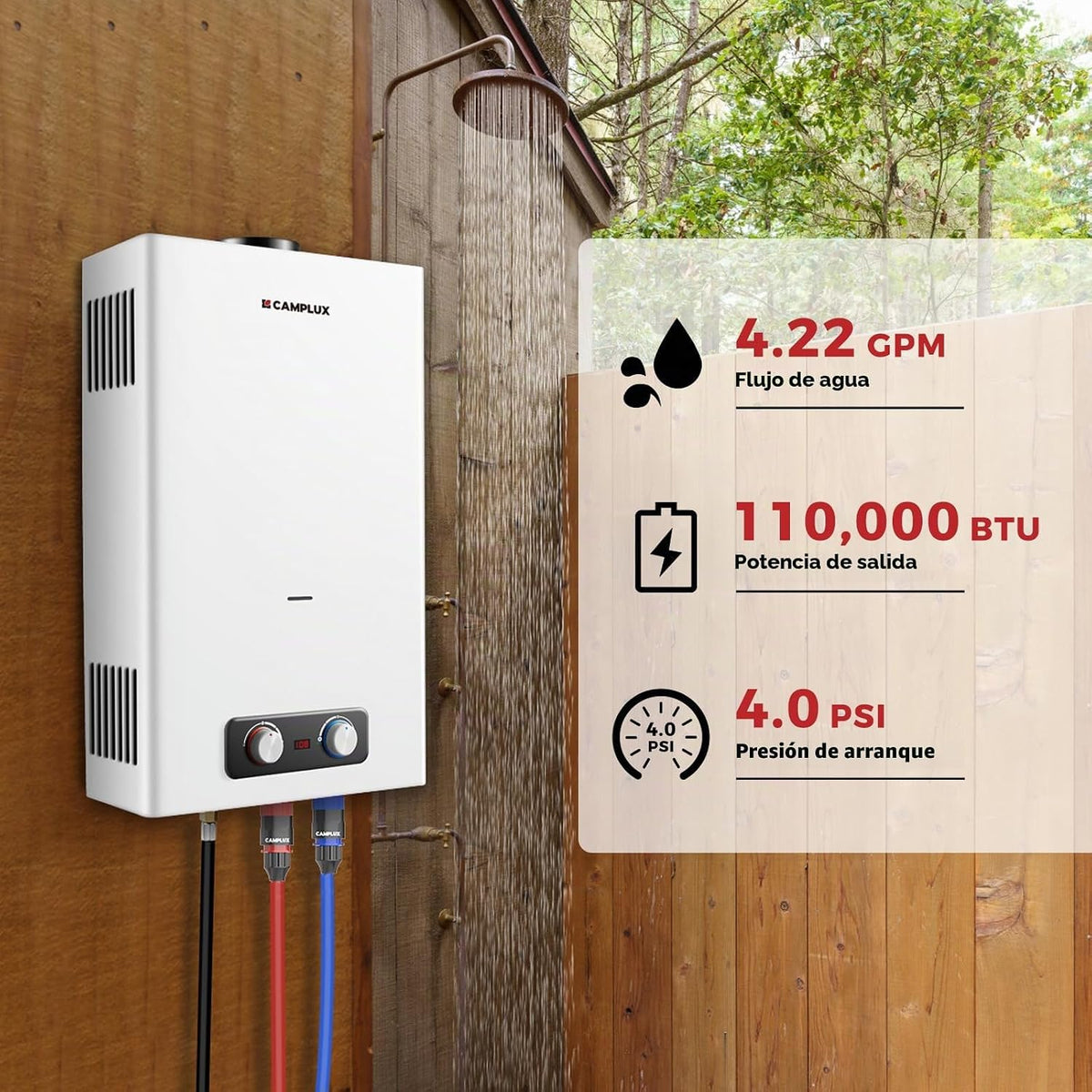CAMPLUX 4.22 GPM - Calentador de agua sin tanque de propano, calent...