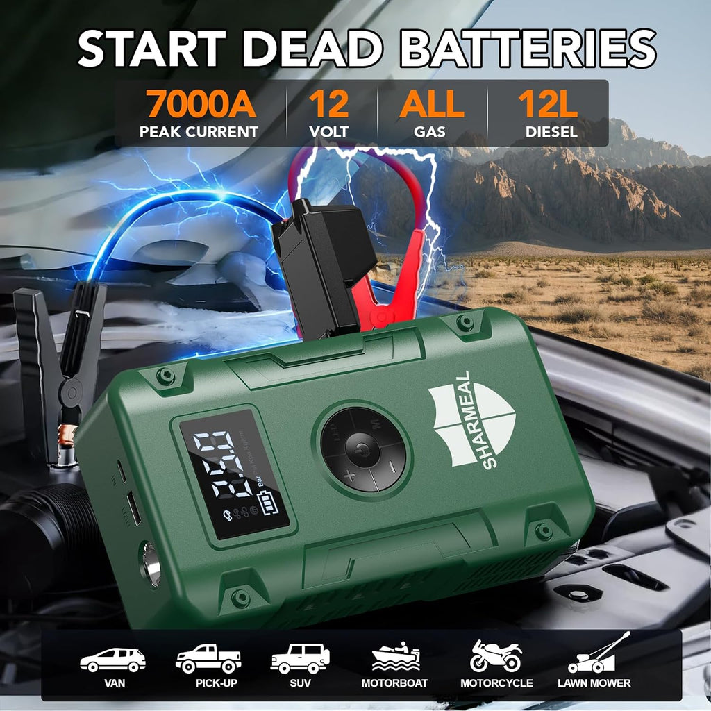 Sharmeal Arrancador de batería de coche de 7000 A, 12 V con compres...