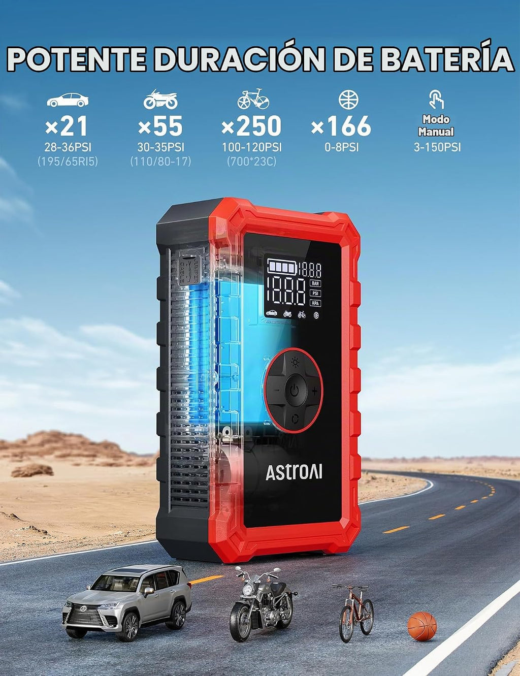 AstroAI - Arrancador portátil S8 con compresor de aire, pico de 150...