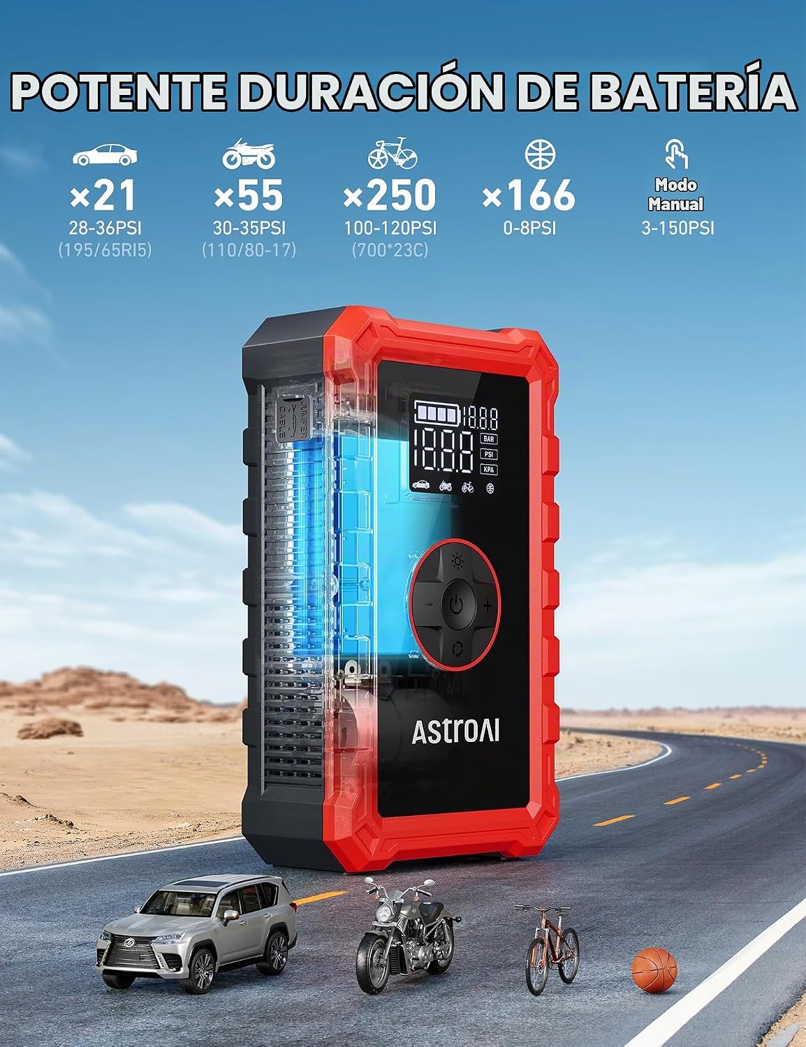 AstroAI - Arrancador portátil S8 con compresor de aire, pico de 150...