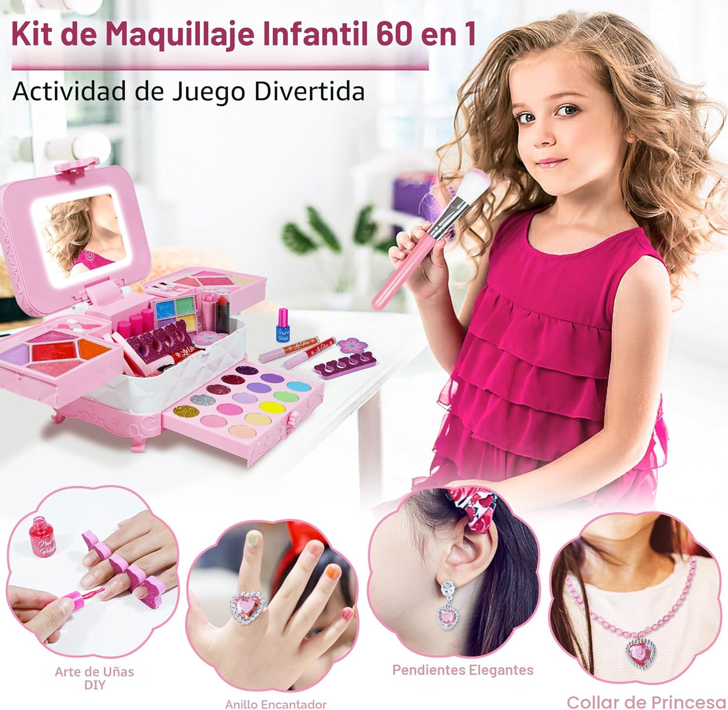 YasinKidz Kit de maquillaje 60 en 1 para niños, con espejo de maqui...
