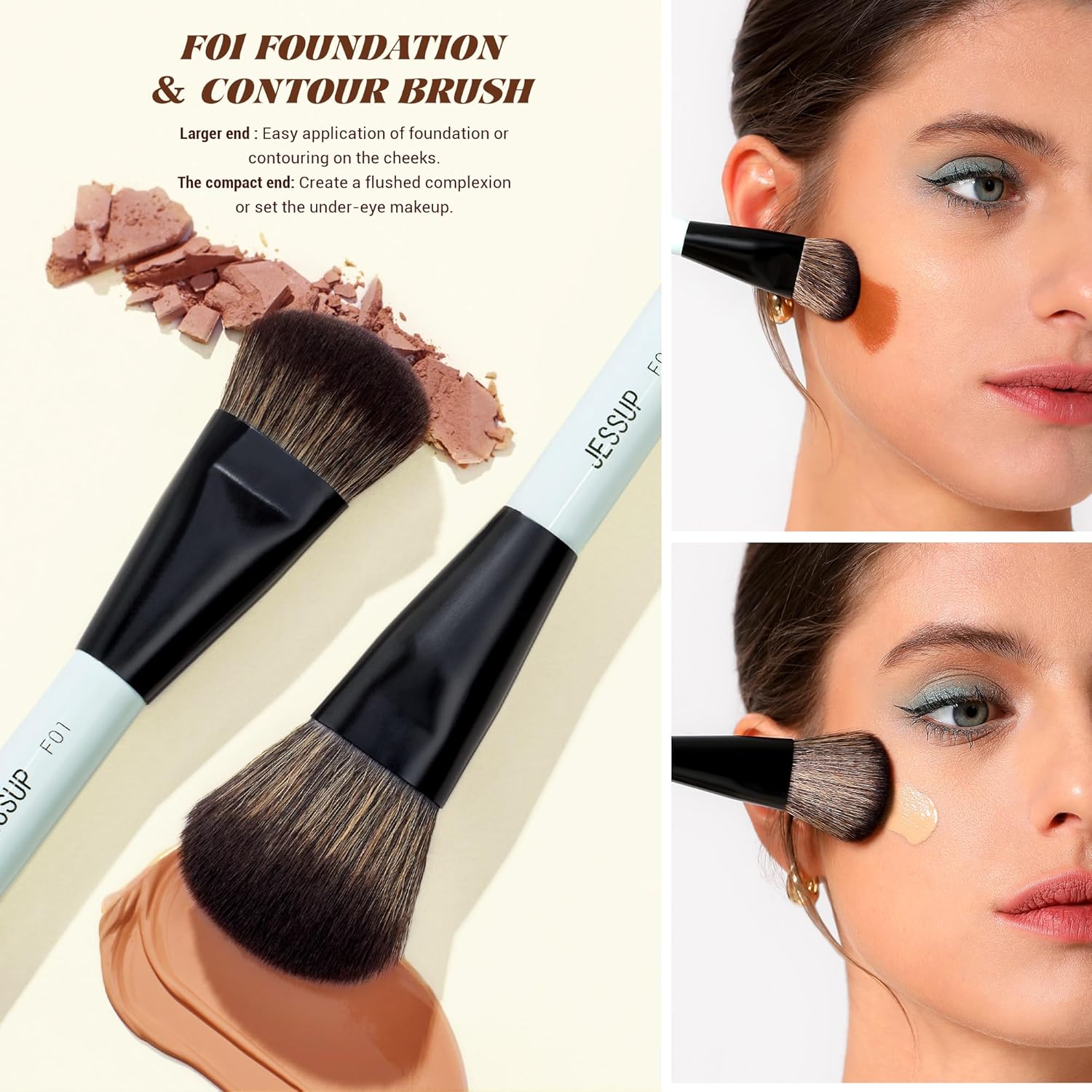 Jessup brochas para el rostro con esponja de maquillaje, juego de 3...