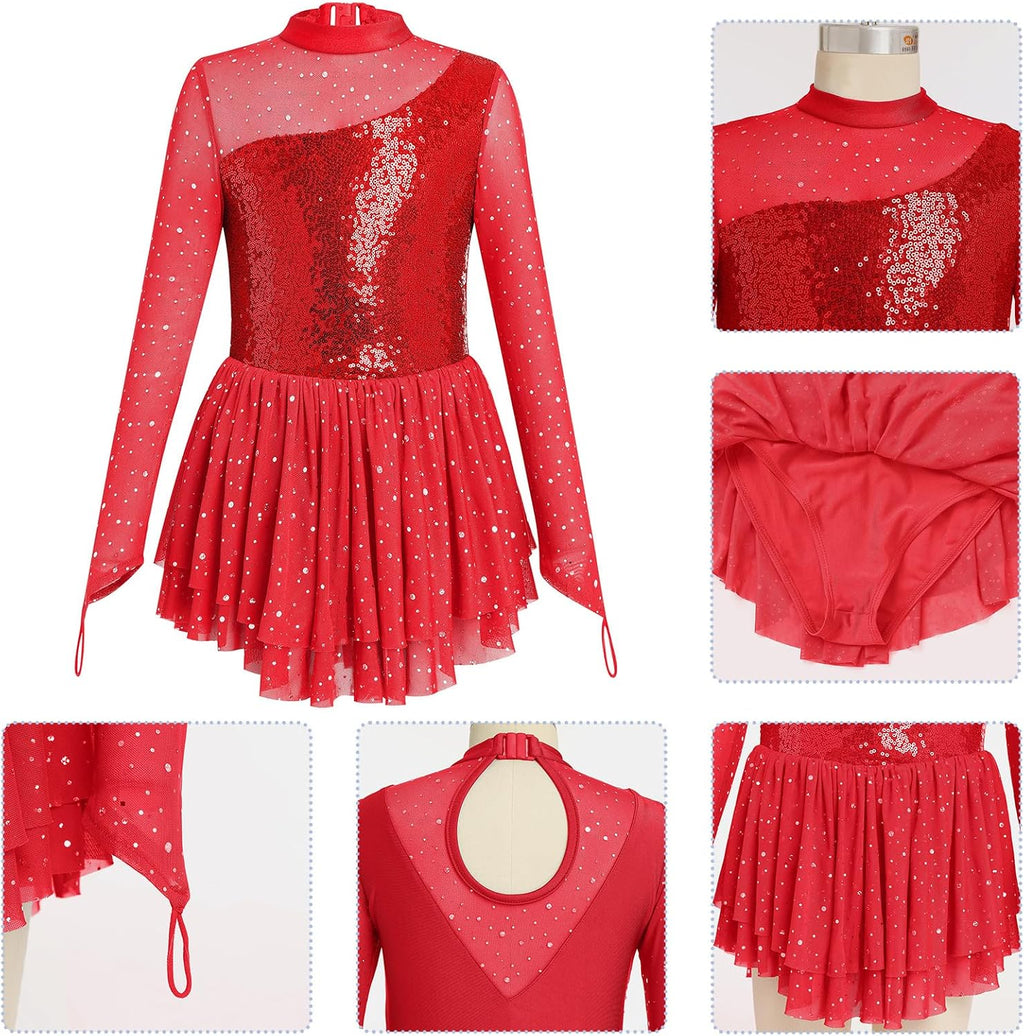 ODASDO Vestido de Patinaje Artístico para Niñas, Malla de Manga Lar...