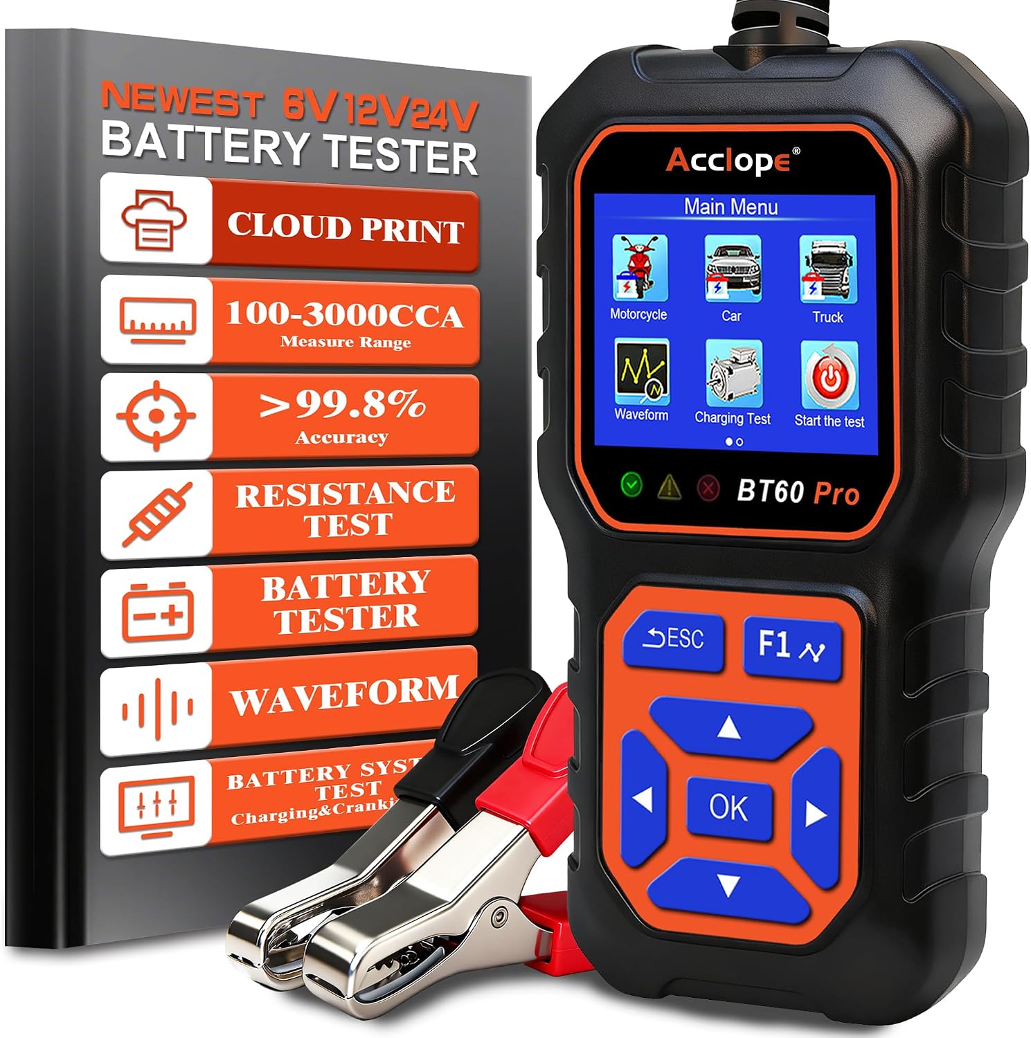 Acclope BT60 PRO - Probador de batería de coche 6V\/12V\/24V, 2-120...