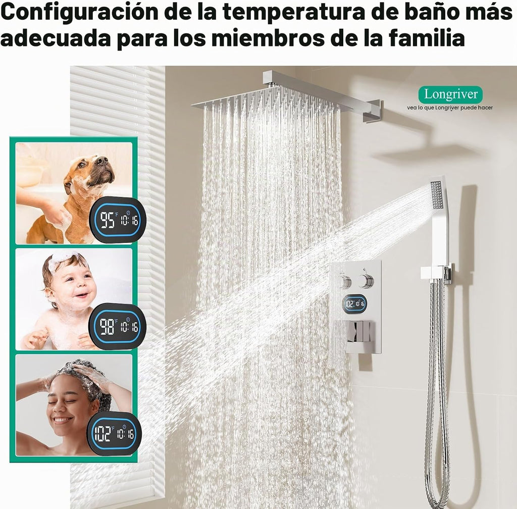 Juego de Grifería de Ducha con Desviador de Botón Pulsador, Pantall...