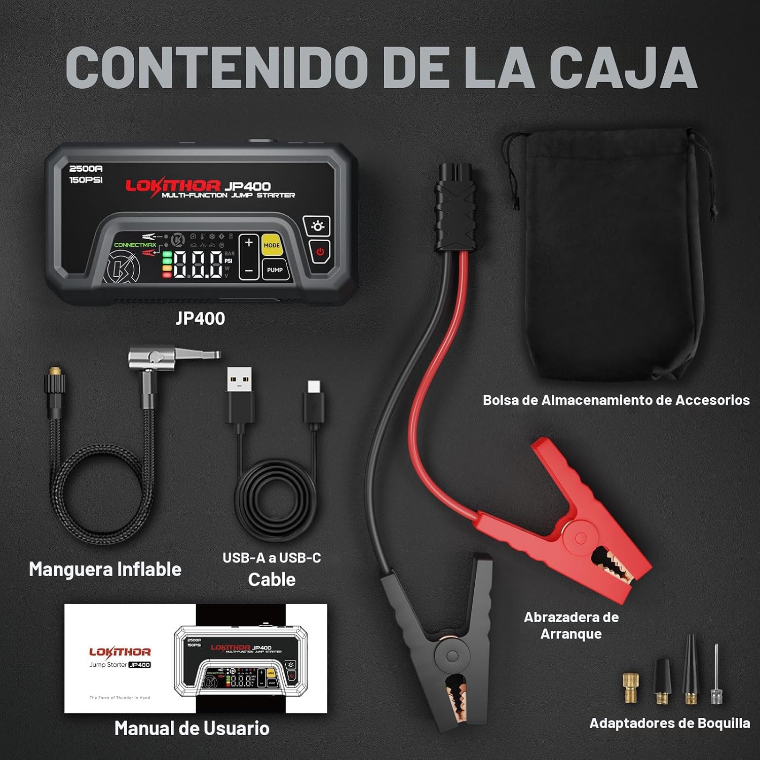 LOKITHOR Arrancador JP400 con compresor de aire, 2500 A 12 V baterí...