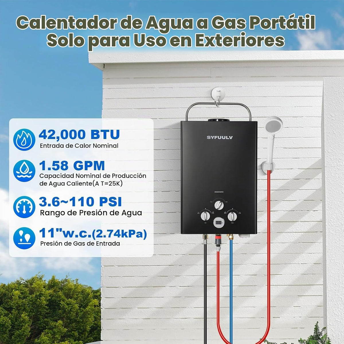 Syfuulv Calentador de agua de propano sin tanque, 1.58GPM 6L al air...
