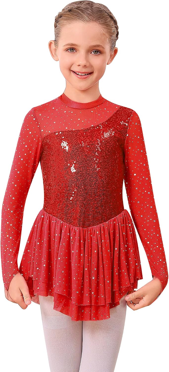 ODASDO Vestido de Patinaje Artístico para Niñas, Malla de Manga Lar...