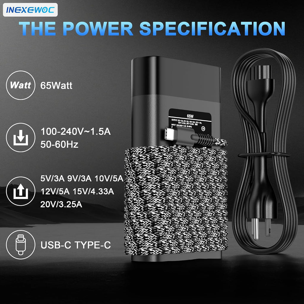 INEXEWOC Cargador USB C delgado de 65 W compatible con HP Chromeboo...