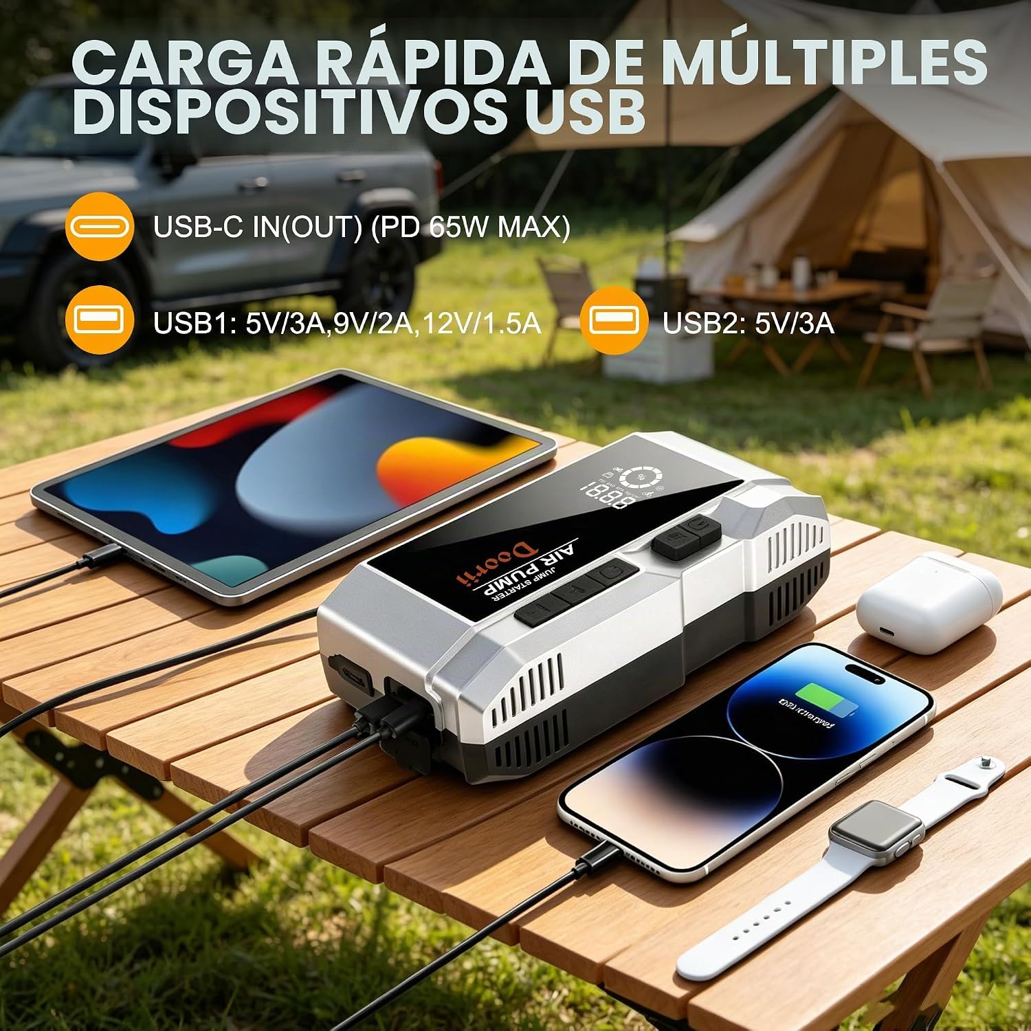 Doorii Arrancador de coche portátil de 8000 A con carga rápida PD65...